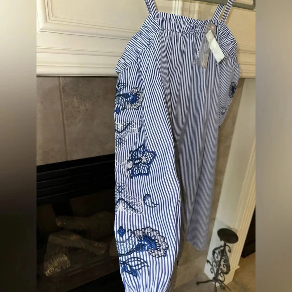 As U Wish NWT Women’s Dress Off theShoulder Blue White Stripe Embroidered- M - Picture 2 of 9